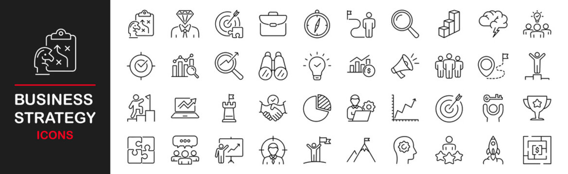 Business strategy icon set. Contains such icons as action list, research, solution, team, marketing, startup, advertising, business process, management and more
