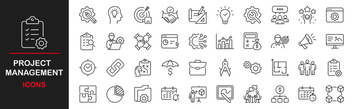 Project management icon set. Contains such icons as schedule, human resource, management, development, planning, strategy and more. Time management and planning concept