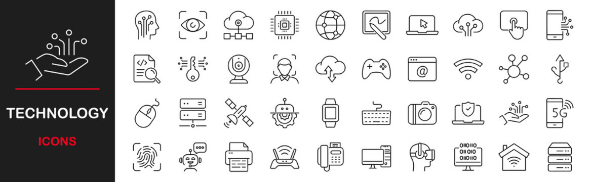 Technology icon set. Contains such icons as ai, robotics, cloud, automation, communication, geolocation, 5G, programming and more. Vector illustration