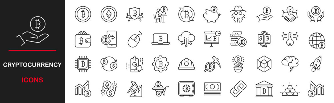 Cryptocurrency icon set. Blockchain technology icon set. Contains such icons as bitcoin, wallet, chip, mining, cryptography, exchange, payment and more. Vector illustration