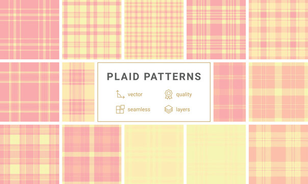 This seamless pastel pink and yellow plaid tartan pattern offers a soft, elegant aesthetic. Ideal for nursery textiles, spring backgrounds, gift wrap, and versatile creative digital designs.