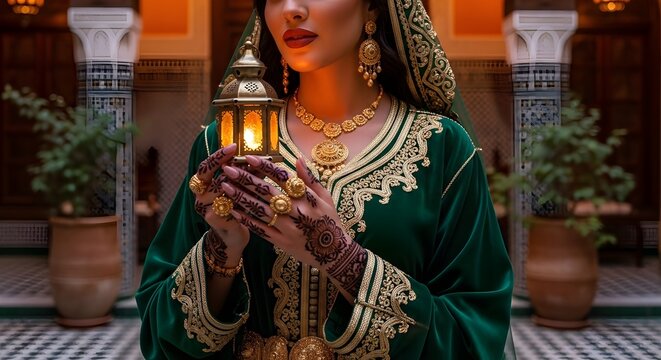 Traditional Arabian Wedding Henna Art on Hands with Luxury Emerald Kaftan