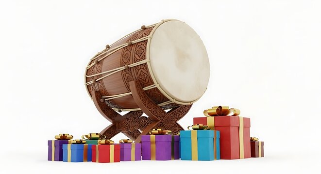 Large wooden beduk drum and colorful gift boxes on white background for islamic celebrations such as Eid al-Fitr and Ramadan.
