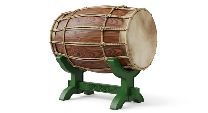 Large wooden beduk drum on green carved stand, traditional Islamic instrument.