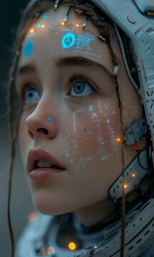 A futuristic woman with blue eyes and robotic headgear looks forward with a mix of technology and human features.