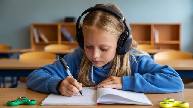 Young girl wearing headphones writing in a notebook at a classroom desk with fidget spinners nearby.