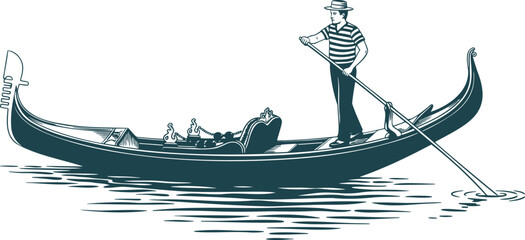 Vintage style ink sketch illustration of a gondolier rowing a traditional venetian gondola on calm water © PIXAVIVE