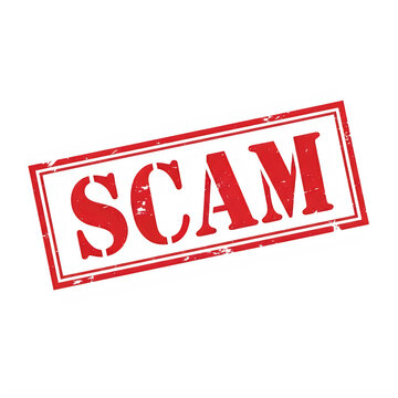 Red rubber stamp with the word scam printed on paper