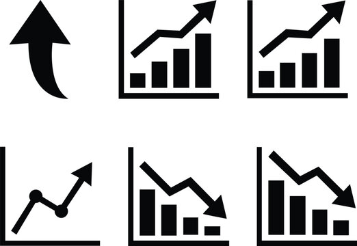 Financial chart and arrow icons black silhouette on white background