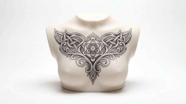 Tattoo design featuring a sacred geometry metatrons cube surrounded by intricate celtic knotwork and ornamental filigree patterns on a female mannequin torso, isolated on white background