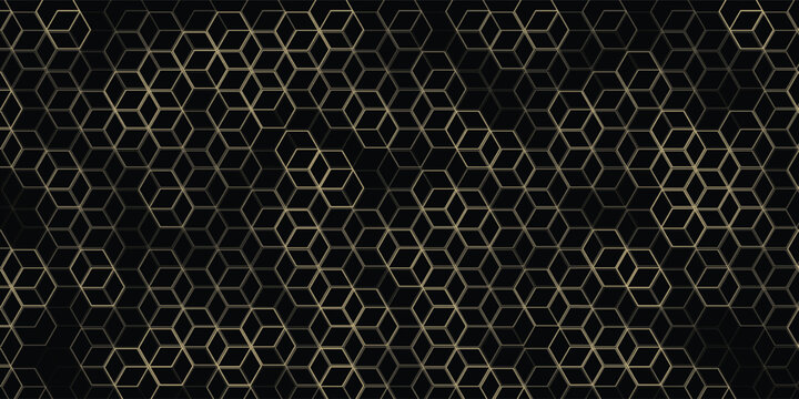 Luxury hexagonal abstract black metal background with golden light lines. Dark 3d geometric texture illustration. Bright grid pattern