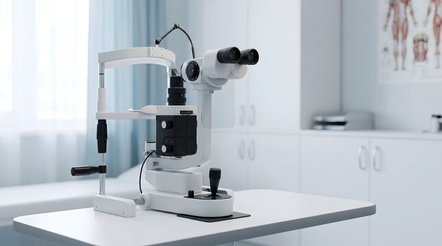 Modern ophthalmic slit lamp examination device in bright clinical eye care setting