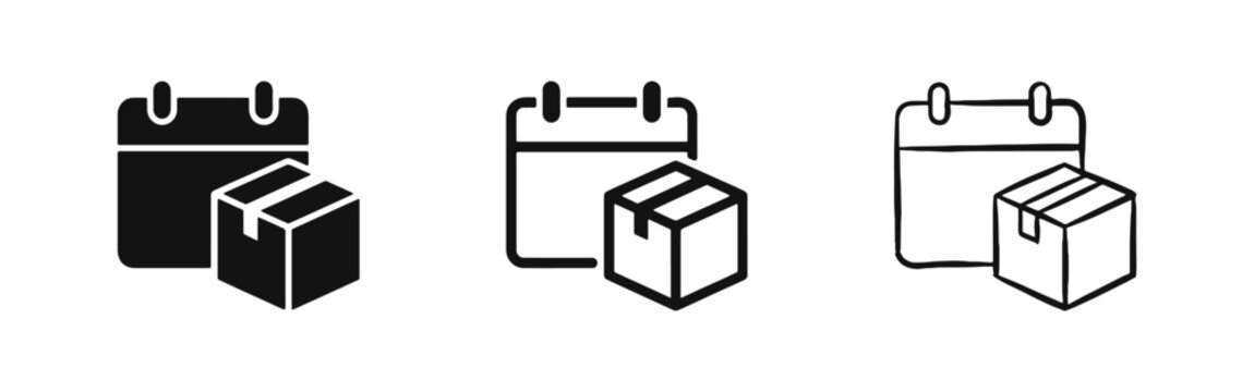 Delivery Package with Calendar Schedule Icon Set in Solid Line and Hand Drawn Styles
