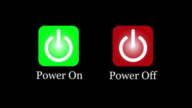 Animated 2D power on and power off icons with glowing green and red buttons for technology interfaces computer startup and system control on black background.

