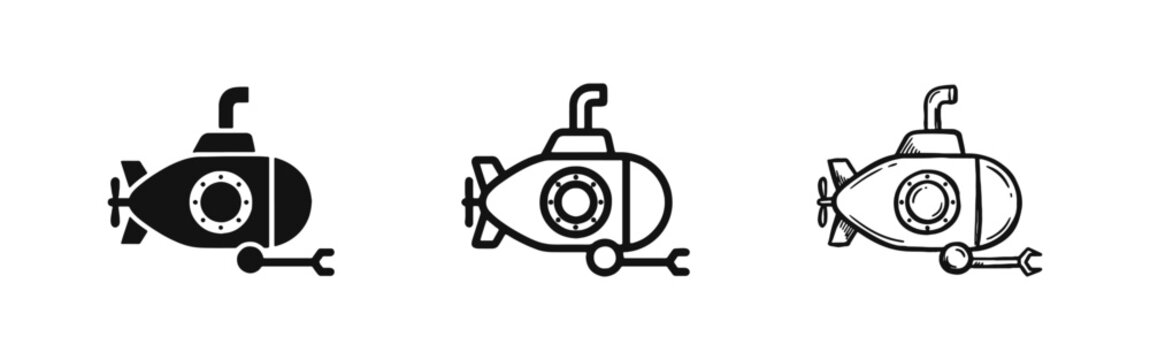 Research Submarine or U-Boat Icon Set with Grabber Arm for Underwater Exploration Concepts