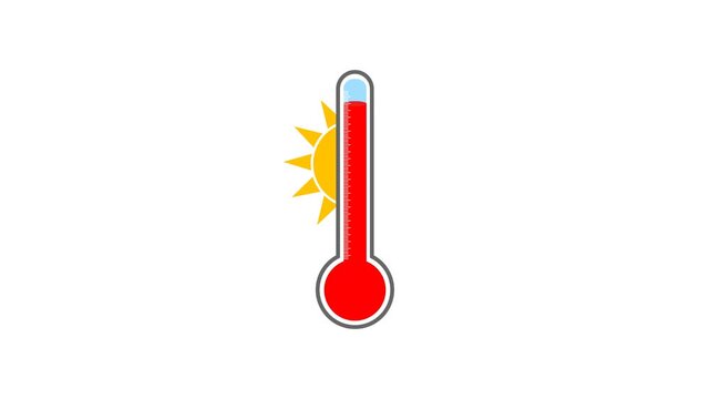 Motion graphic of a clinical thermometer indicating extreme heat and sunny weather for global warming climate change and seasonal weather reports.
