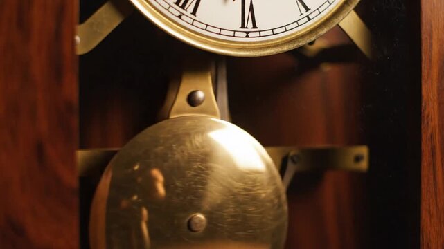 Antique Brass Pendulum Swinging Inside A Dark Wooden Grandfather Clock Case With Warm Cinematic Highlights