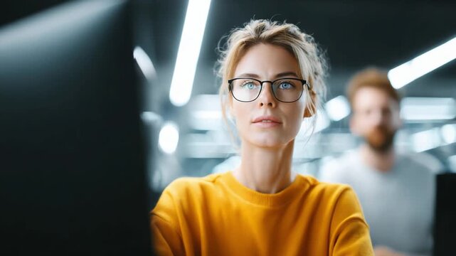 Focused Data Analyst: A young data analyst in a yellow shirt stares intently at a computer screen, deep in thought as she studies information, with an unrecognizable coworker in the background.