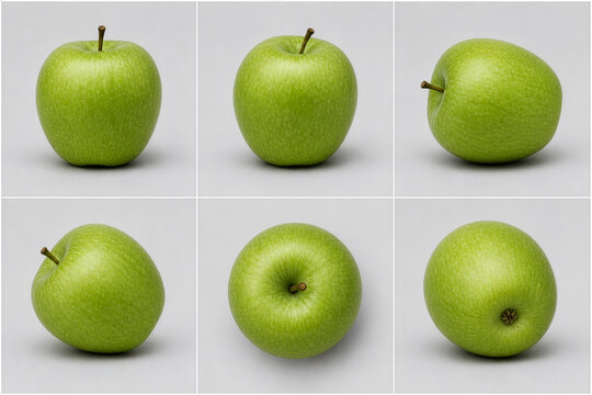 Fresh green apple shown from multiple angles in a clean 2x3 catalog layout on a gray studio background. Includes front view, side view, tilted view, top view, and bottom angle. Fruit photography, heal