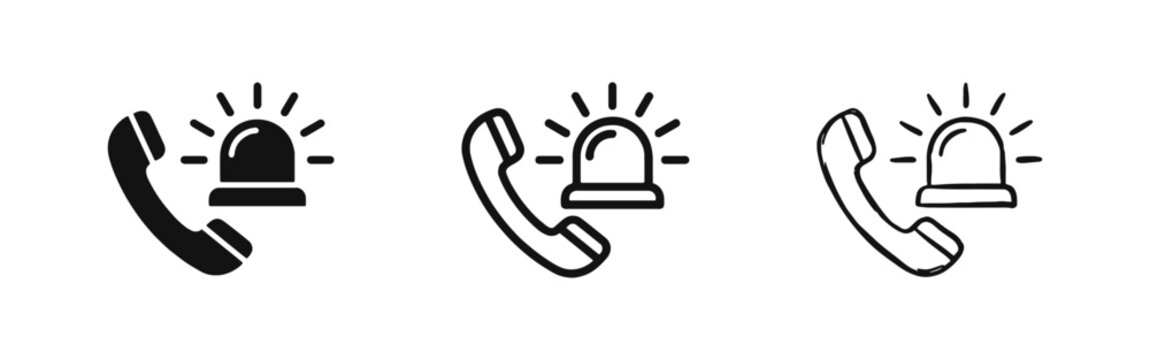 Emergency call icon set, telephone handset with siren alarm light for urgent help and safety assistance.