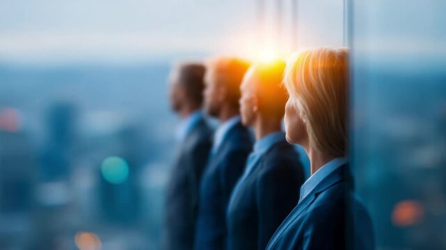 Business Visionaries at the Horizon: A line of determined professionals gaze confidently towards a blurred cityscape. symbolizing ambition, strategic thinking, and the relentless pursuit of success.