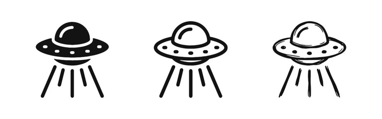 UFO Flying Saucer Icons Set, Alien Spacecraft Symbols in Glyph, Outline and Hand Drawn Styles © drawing lines