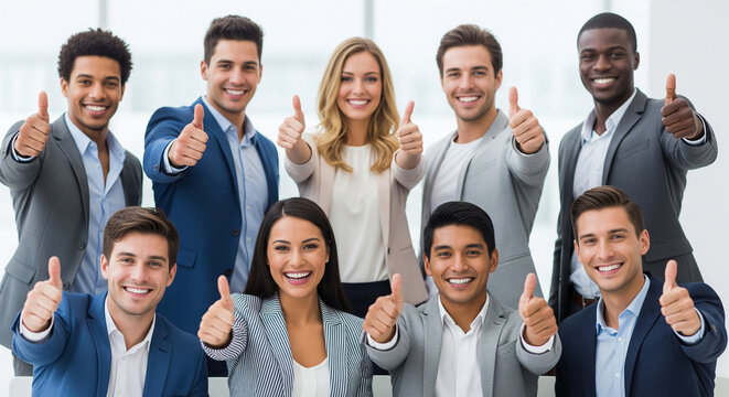 Diverse corporate team smiling with thumb up perfect for positive company culture and successful business communication