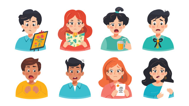 Expressions of Discomfort: A collection of illustrations depicting individuals experiencing a range of worried expressions, capturing diverse feelings of concern and unease.