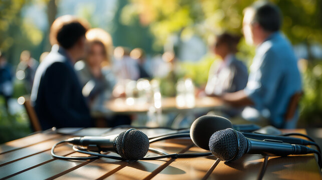 Cinematic wide back view of silhouetted figures around a bright softly defocused outdoor table with microphones during a panel discussion round table discussion panel speakers