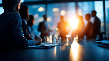 Obraz premium Cinematic wide view of silhouetted business figures gathered around a bright softly defocused boardroom table during a presentation with a glowing slide deck on a large display