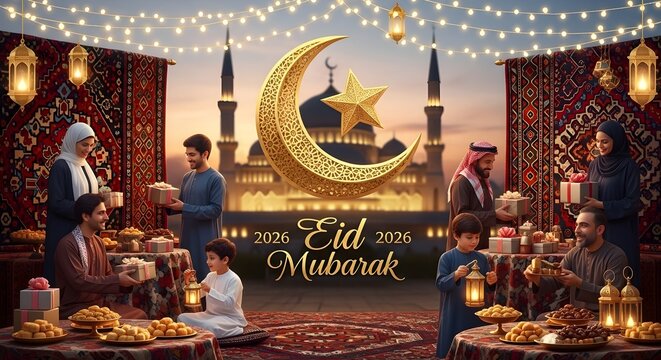 Eid Mubarak 2026 banner with people in thobes and hijabs greeting.