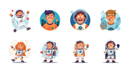 Astronauts in space cartoon set: A cartoon set of cheerful astronauts floats in the vastness of space, wearing their helmets, expressing a variety of emotions. © Ajhar234