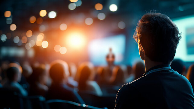 Cinematic wide back view of an audience silhouette facing a bright softly defocused conference stage with a glowing presentation screen and a single speaker silhouette at the