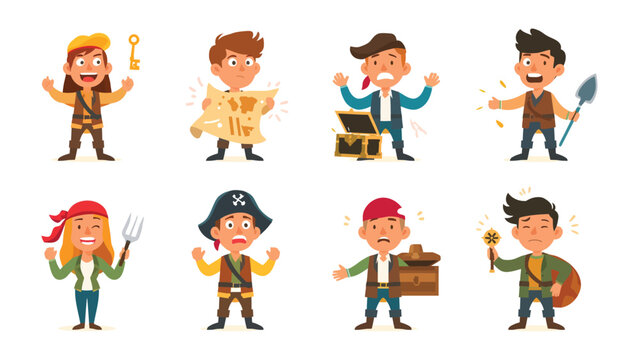 Pirate Adventure Cartoon: a series of eight cartoon pirate characters in various poses representing different emotions and scenarios. Each character is full of life and character.