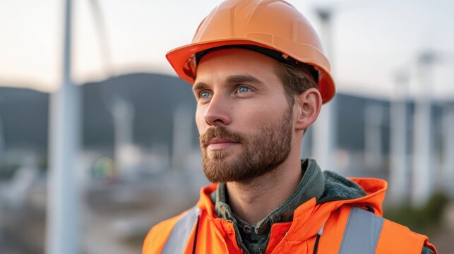 Male construction worker wearing an orange safety helmet and reflective jacket stands outdoors, wind turbines visible in the background under a clear sky