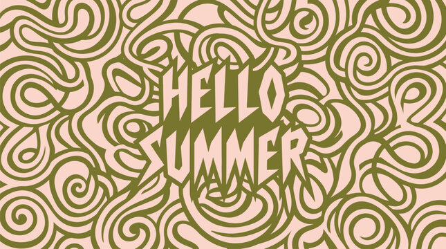 Hello Summer text on a swirling organic pattern background in muted green and pink greeting typography