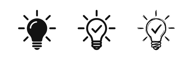 Light Bulb with Checkmark Icons Set for Validated Ideas and Solutions © drawing lines