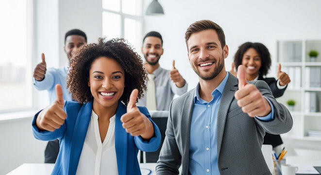 Happy diverse corporate team showing thumbs up perfect for positive company culture and successful business communication