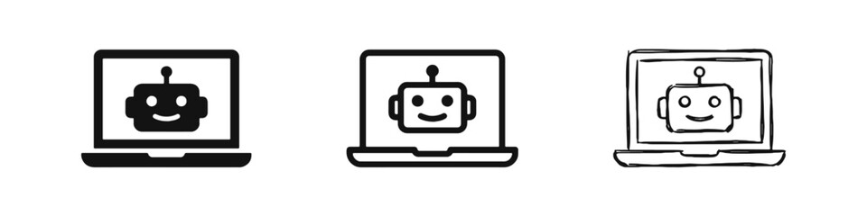 Naklejka premium Laptop with Chatbot AI Robot Icon Set in Solid Outline and Sketch Style