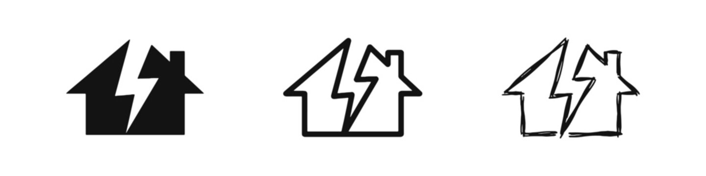 House Struck by Lightning Icon Set in Solid Outline and Sketch Style