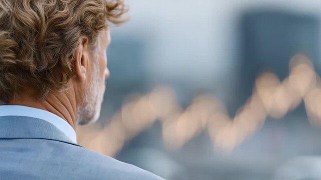 Contemplative Trader: A pensive trader gazes at fluctuating stock graph, contemplating market dynamics and strategy.