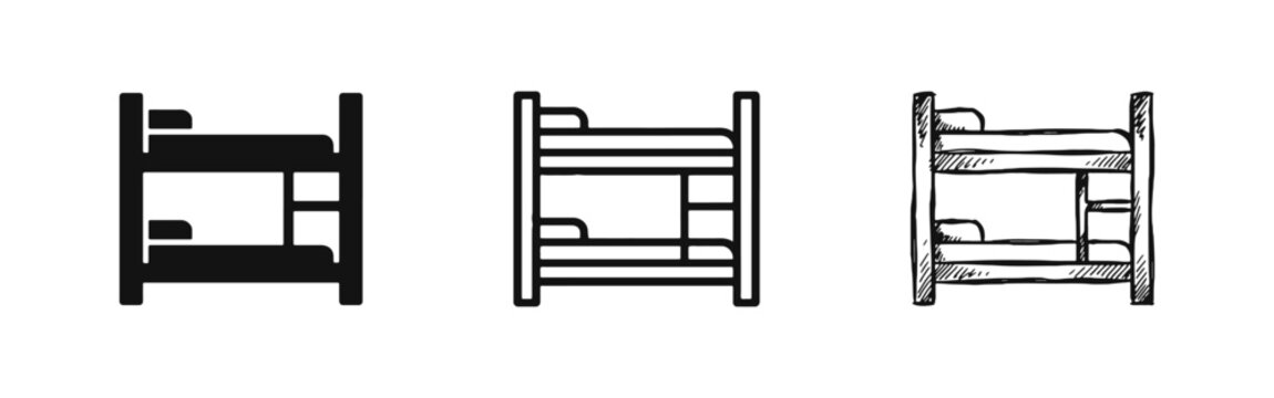 Bunk bed icon set for furniture and hostel room accommodation