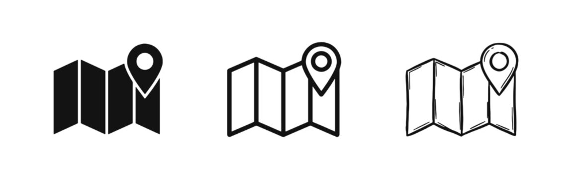 Folded map with location pin icon set for travel navigation and GPS