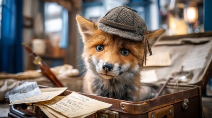 Fototapeta premium Cute Fox Detective in Hat Sitting Inside Open Suitcase