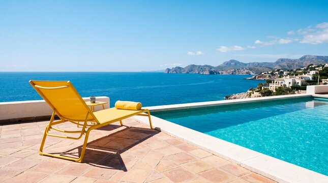 A perfect day by the pool, sunbathing with a beautiful ocean view. A single yellow lounge chair is ready to enjoy a day of sun