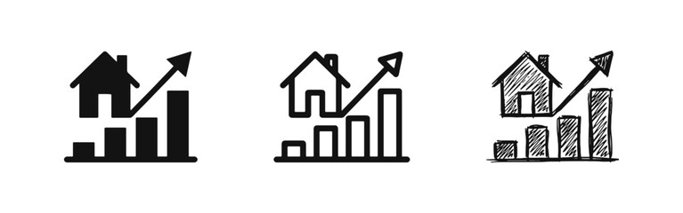 Real Estate Market Growth and House Price Increase Icon Set © drawing lines