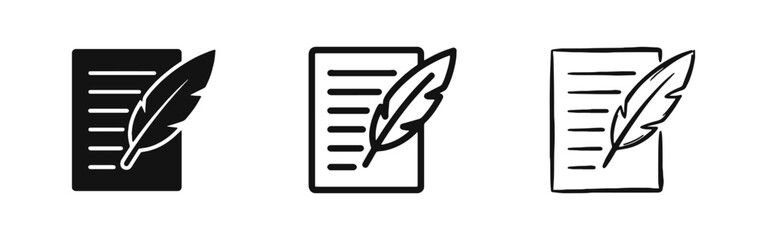 Writing and literature icon set, document with feather quill, education and contract symbols © drawing lines