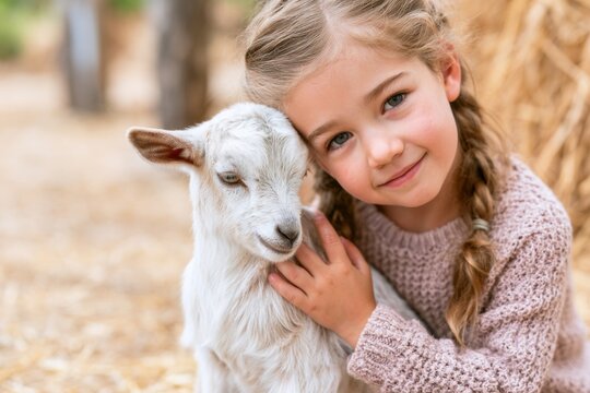 Girl hugs a baby goat at a farm during a sunny day in fall, showing connection between child and animal