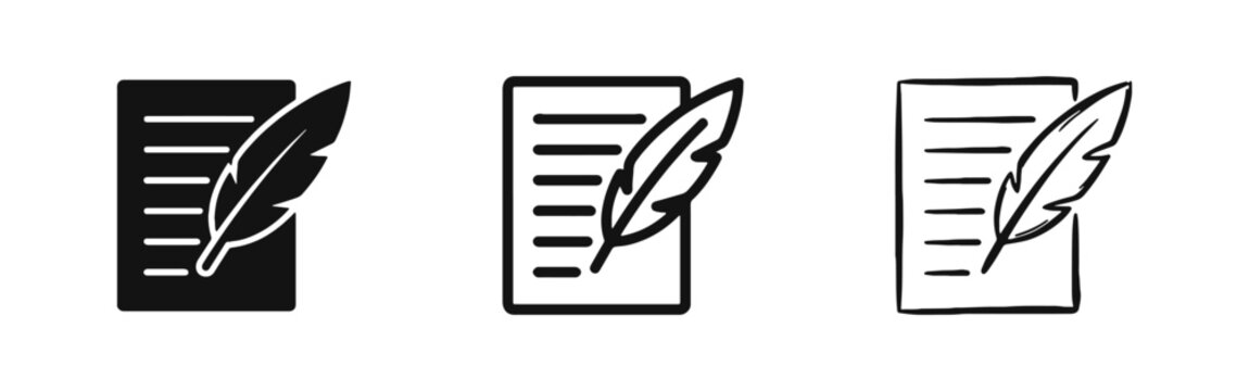 Writing and literature icon set, document with feather quill, education and contract symbols