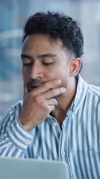 Stress, laptop and businessman in office with mistake, burnout or fatigue for finance report deadline. Computer, brain fog and male financial manager with exhaustion for investment proposal error.